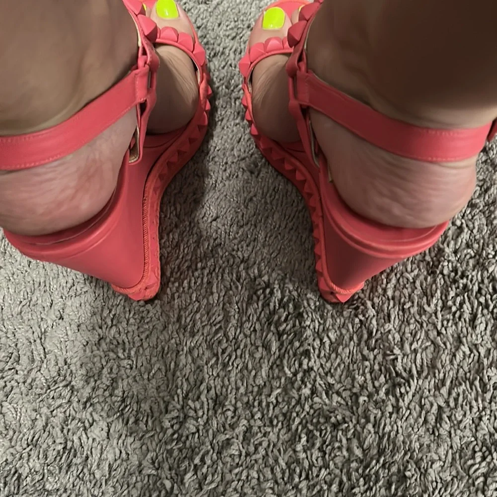 Christian Louboutin Pink and Orange Studded Espadrille Wedge Sandals